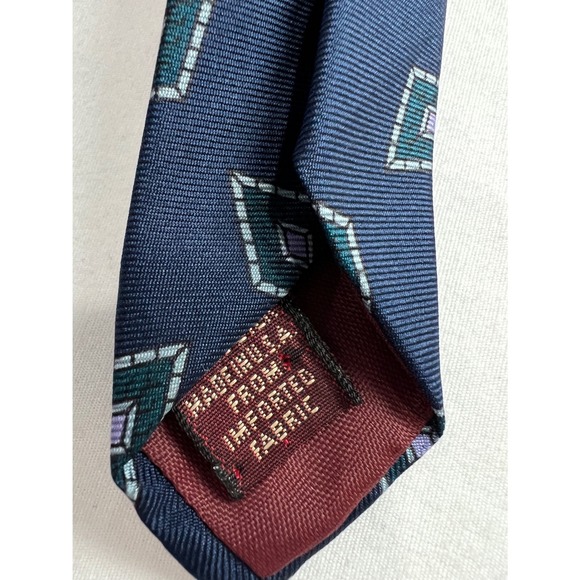 Vintage Chaps Ralph Lauren Men Tie USA Made 100% Silk Geo Wide 3.75" 90s Navy E1 - Picture 9 of 9